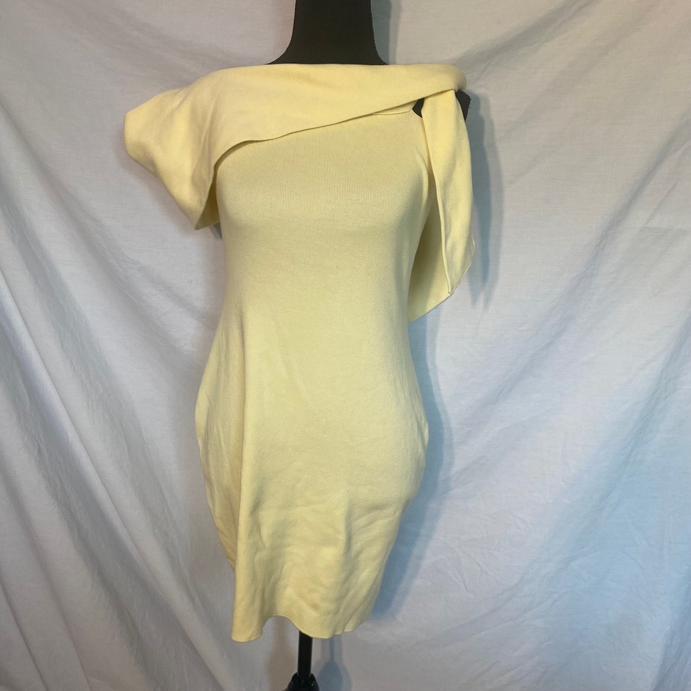 SNDYS Butter Yellow Off The Shoulder Ribbed Knit Bodycon Mini Dress XL